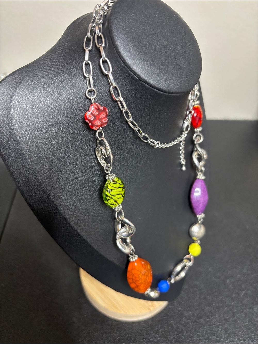 Multicolor Millefiori Glass Mixed Media Bead Statement Necklace Silver Tone - Picture 4 of 6